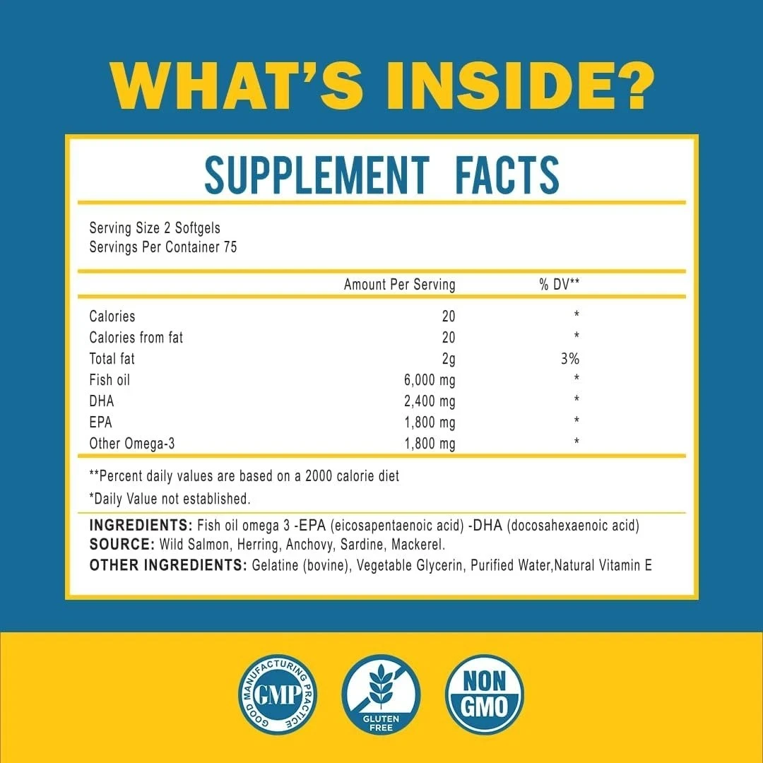 Best Seller Omega-3 Fish Oil 6000mg 150ct - High DHA 2400mg EPA 1800mg for Heart Brain Joint Support, Fast Ship
