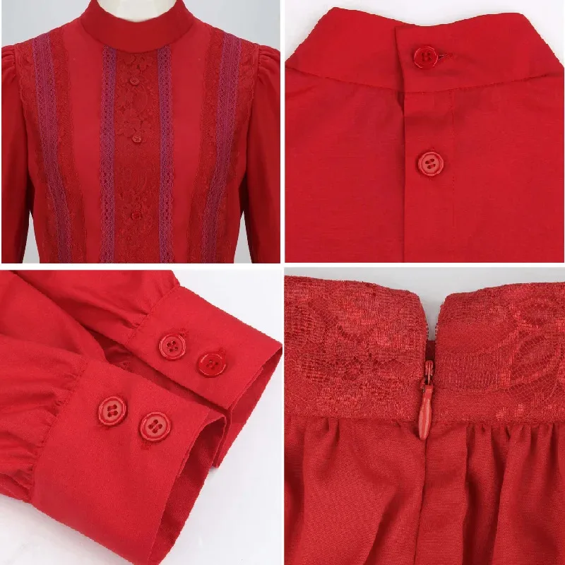 فستان لؤلؤي تنكري للنساء والفتيات فساتين حمراء طويلة الأكمام تنورة عالية الخصر بطيات ملابس الحفلات