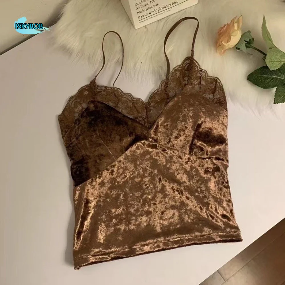

Basic Bra With Breast Pads Velvet Lace Camisole Sleeveless Warm Y2K Suspender Streetwear Soft Lace Crop Top Autumn Summer