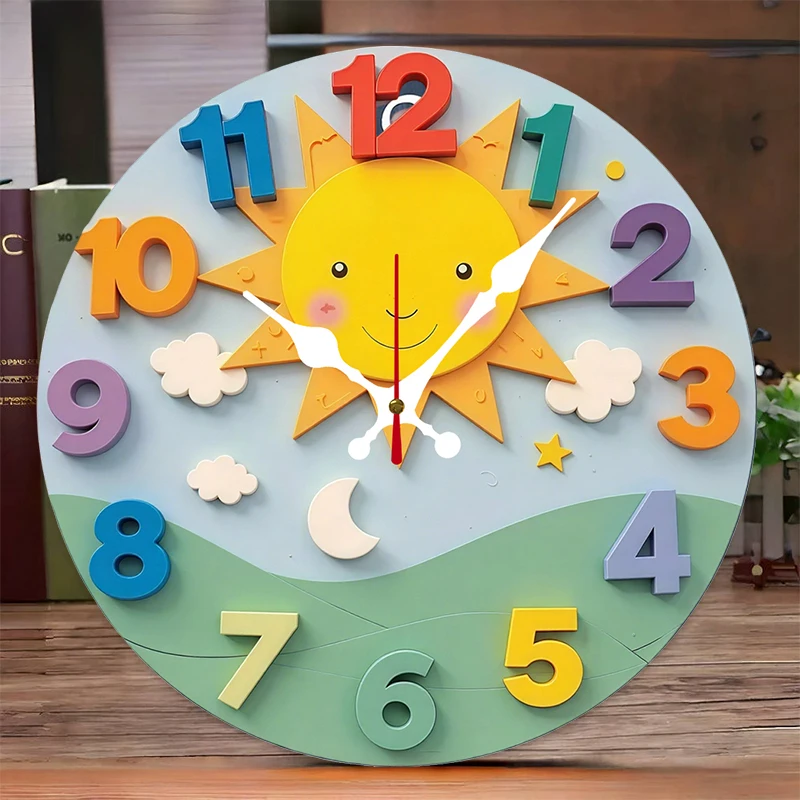 2D-Flat Cartoon Sun Wooden Round Silent Hanging Wall Clock,Suitable For Living Room, Office,Study Room, Bedroom, Home Decoration