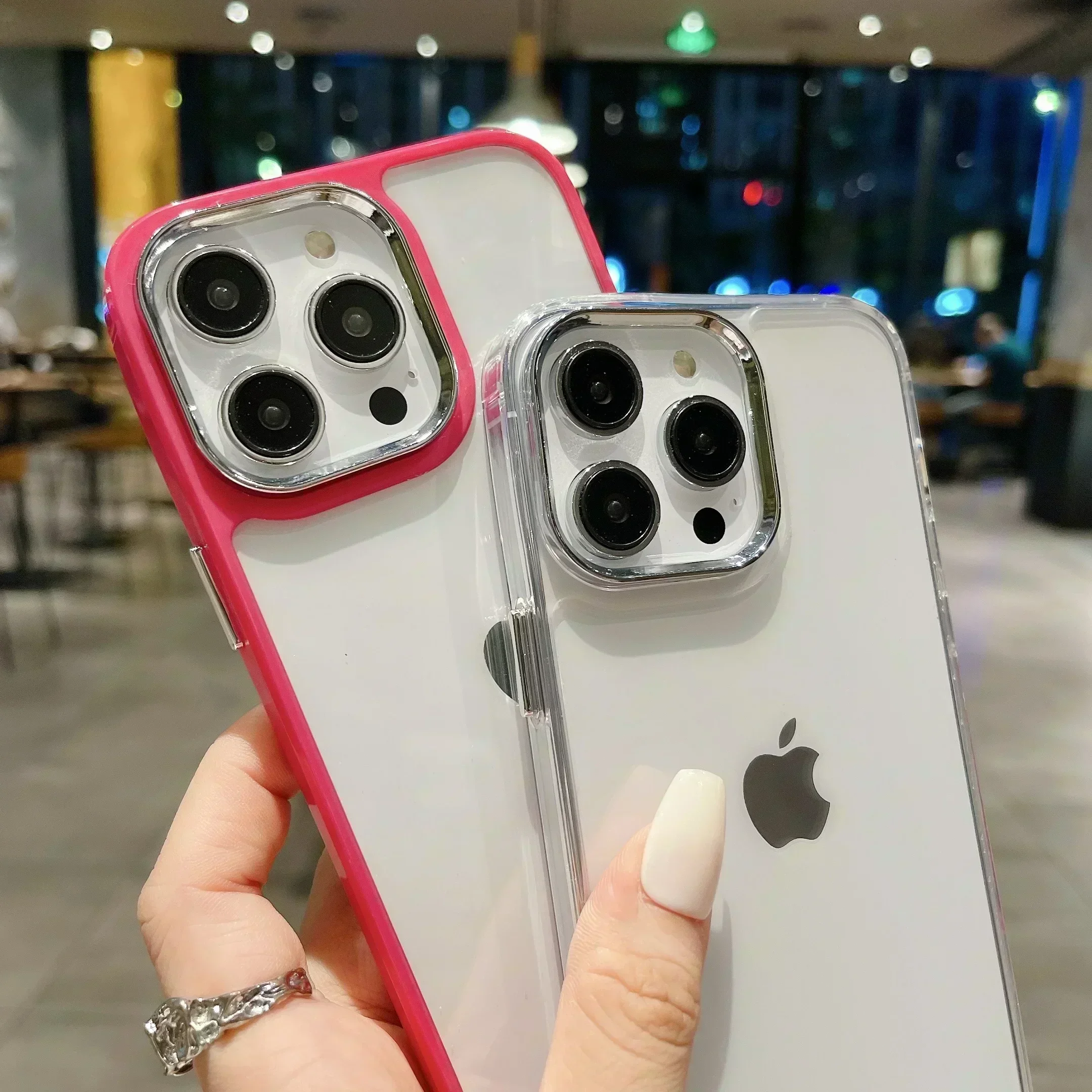 เคสกันกระแทกใสปกป้องเลนส์กล้องโลหะสุดหรูสำหรับ iPhone 11 13 12 14 PRO MAX สีชมพูฝาครอบใส