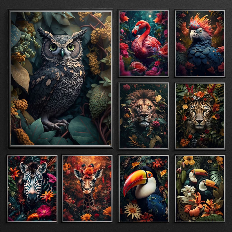 Nordic Jungle Animal Portrait Canvas Painting Owl Monkey Lion Wolf Flowers Poster Print Wall Art For Modern Room Home Decor