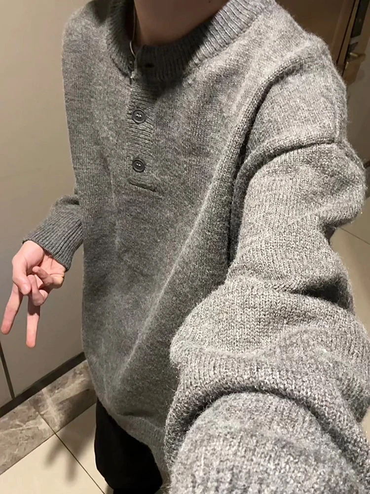 

Утепленный зимний мужской свитер-хенли из трикотажа: свободный, мягкий, комфортный, из полиэстера, для повседневной носки