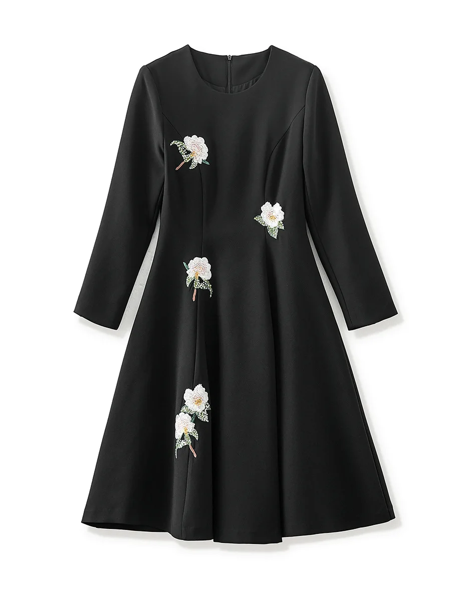 ZJYT Elegant Ladies Floral Sequined Dresses for Women Autumn 2024 Fashion Long Sleeve Casual Black Short Dress Female Vestidos