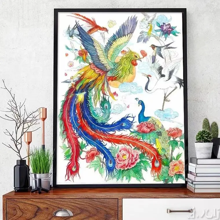 

A handmade cross stitch finished product with beautiful scenery of birds facing the phoenix in 2024. New living room, bedroom