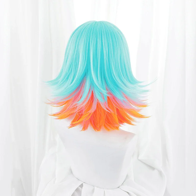 لعبة LOL سوبر فان Neeko شعر مستعار تأثيري للجنسين قصير أزرق برتقالي مختلط اللون مقاومة للحرارة الاصطناعية خصلات الشعر المستعار الملحقات