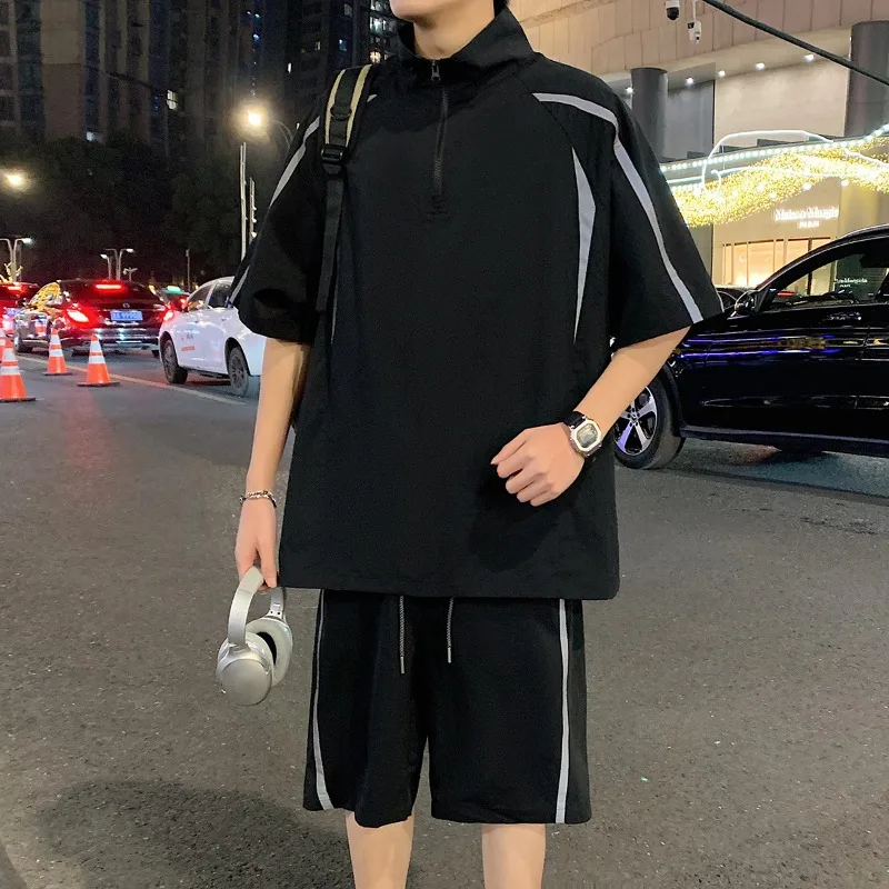 

Summer Men Half Zipper Casual Cargo Set High Collar Ultra-thin Cool Matching Outfit T-shirt+Shorts Contrast Color Sweatshirt Set