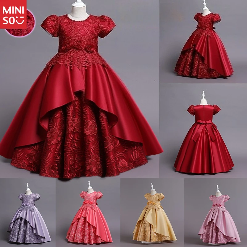 

Children's Clothing Sets Luxury Satin Flower Girl Dress, Embroidered Long Gown for Girls, European Style Formal Wear