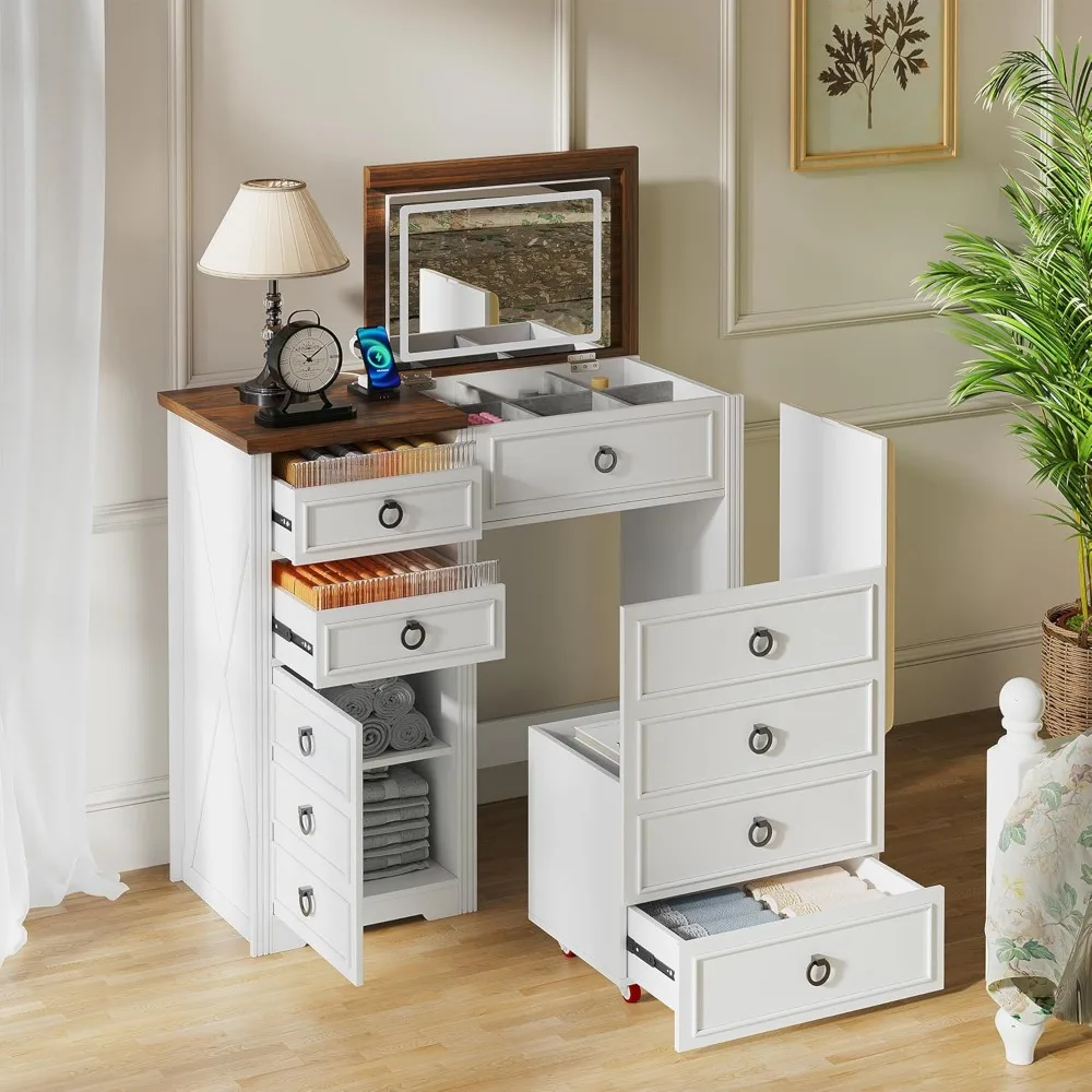 Туалетный столик со светодиодной подсветкой в стиле фермерского дома, ящиками для хранения, скрытым табуретом и зарядной станцией для макияжа и гардероба