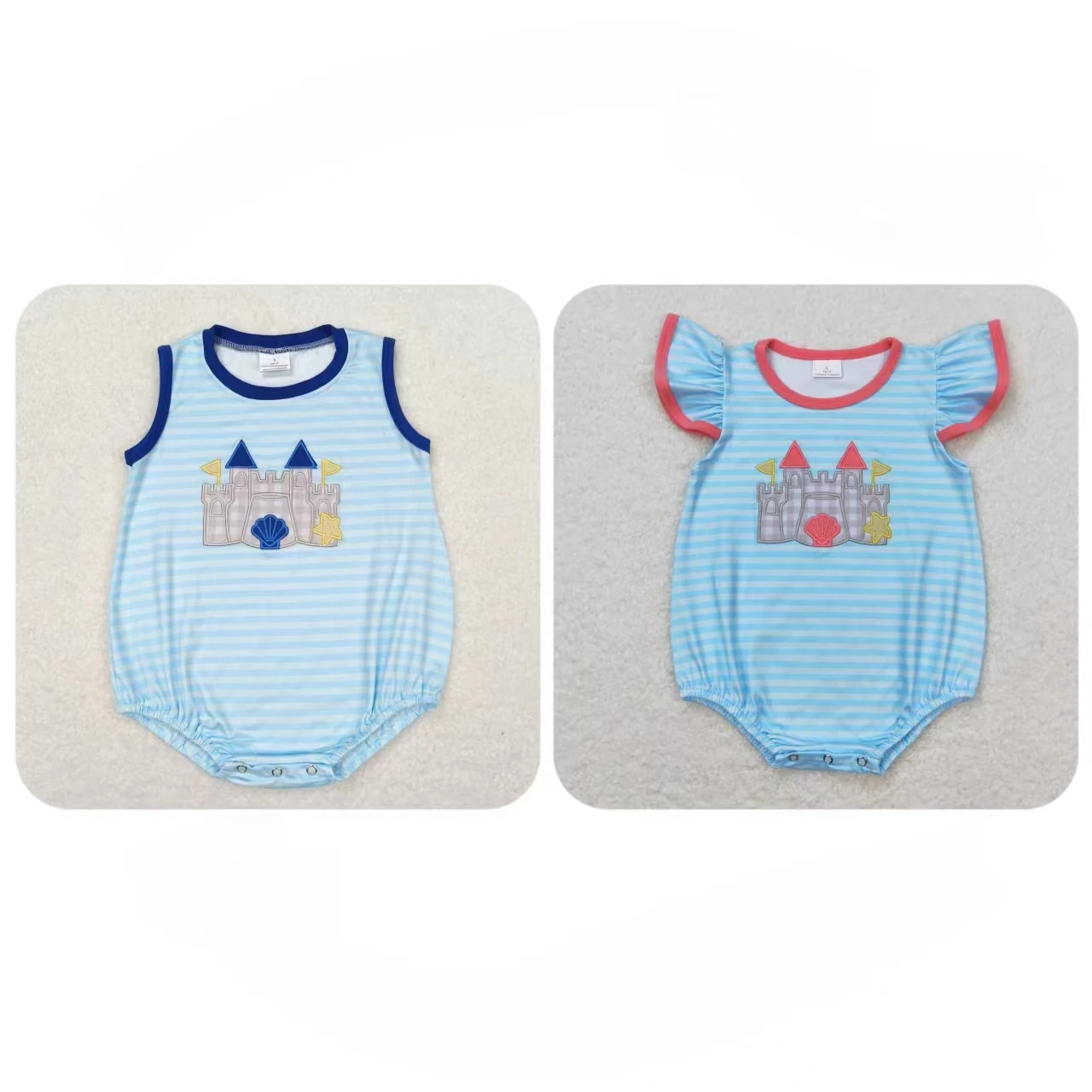 

Wholesale Toddler Bubble Bodysuit One-piece Kids Baby Boy Girl Embroidery Castle Stripes Jumpsuit Newborn Summer Coverall Romper