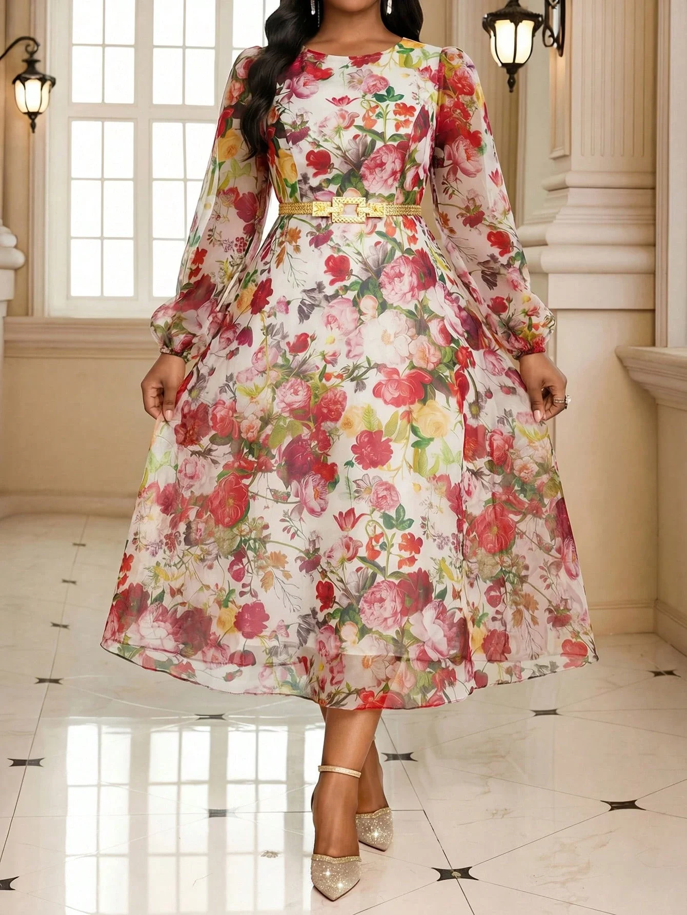 

Элегантное женское платье миди с цветочным принтом, круглым вырезом и рукавами-фонариками, А-силуэт, весна-лето