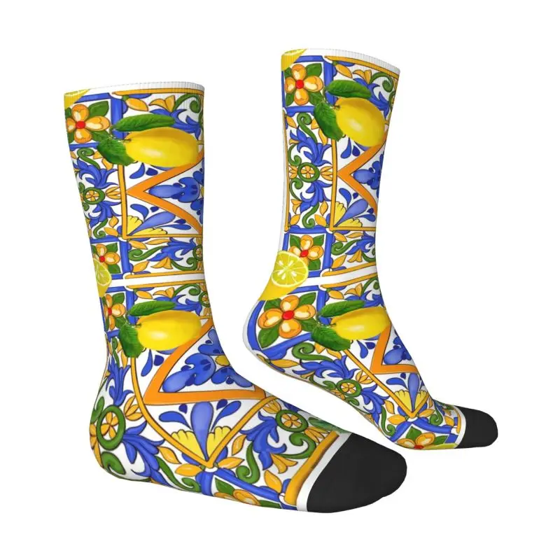 Custom Cute Mediterranean Summer Lemons Citrus Sicilian Tiles Socks Men Women Warm 3D Printing Sports Football Socks