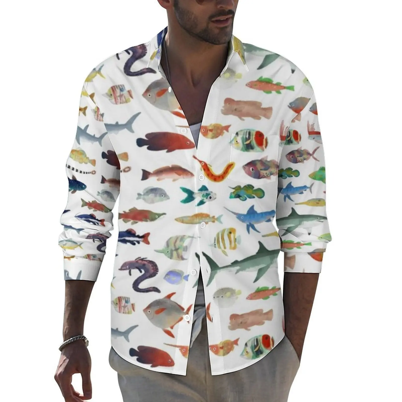 Great White Shark Casual Shirt Mens Ocean Life One Hundred Fish Print Shirt Autumn Trendy Blouses Long Sleeve Oversized Clothing