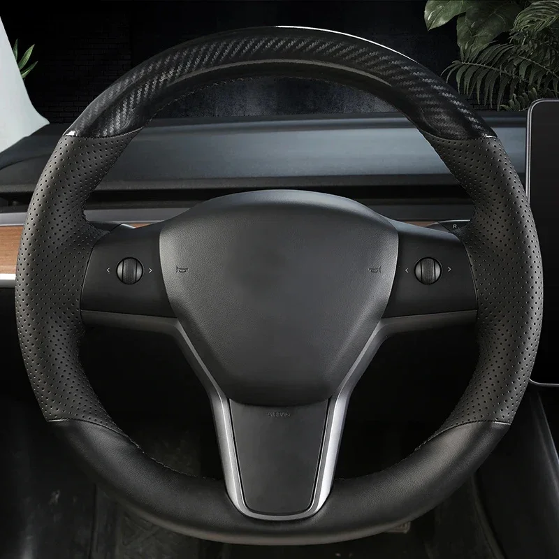

Hand Seam Black Genuine Leather Car Steering Wheel Cover For Tesla Model 3 2017 2018 2019 Steering Wrap Car Accessories