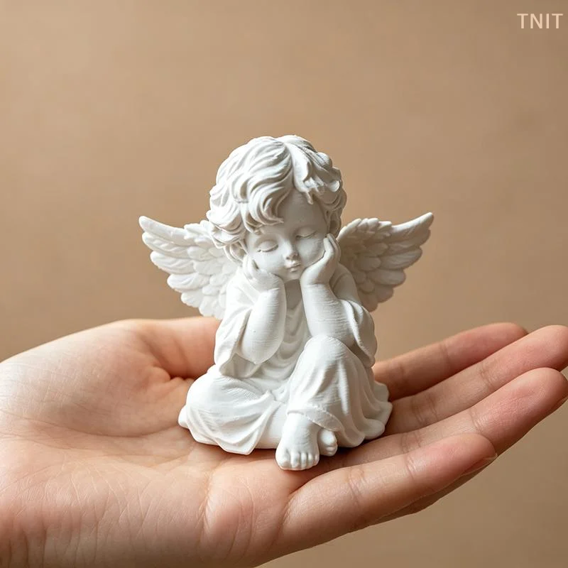 [J] 3D Printing White Cherub Angel Statue With Exquisite Carved Wings And Matte Finish For Home Desk Shelf Bedroom Decor Gift