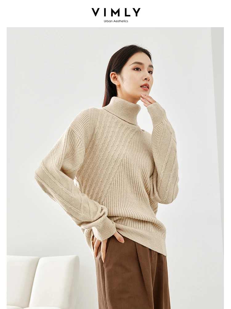 Vimly Turtleneck Hollow Out Knitted Sweater 2023 Winter Thick Warm Loose Pullovers High Strecth Female Jumpers Knitwear 72620