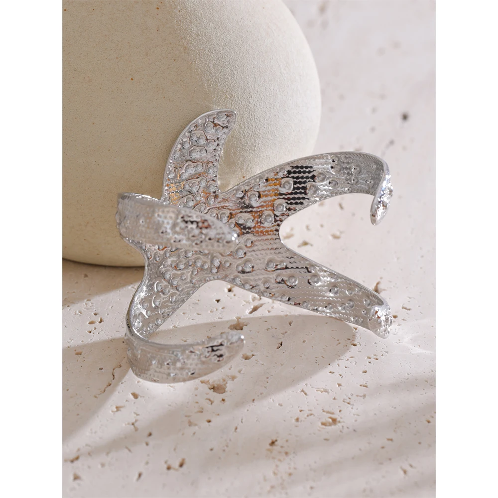 Yhpup 65mm Ocean Style Statement Starfish Cuff Wide Bracelet Bangle Metal Hammer Arrivals Stainless Steel Stylish Unique Jewelry
