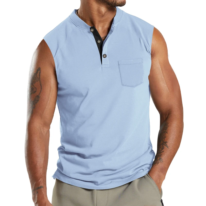 2024 Summer New Men\'s Leisure Foreign Trade Large Size Short Sleeve Button Pocket Sleeveless T-shirt