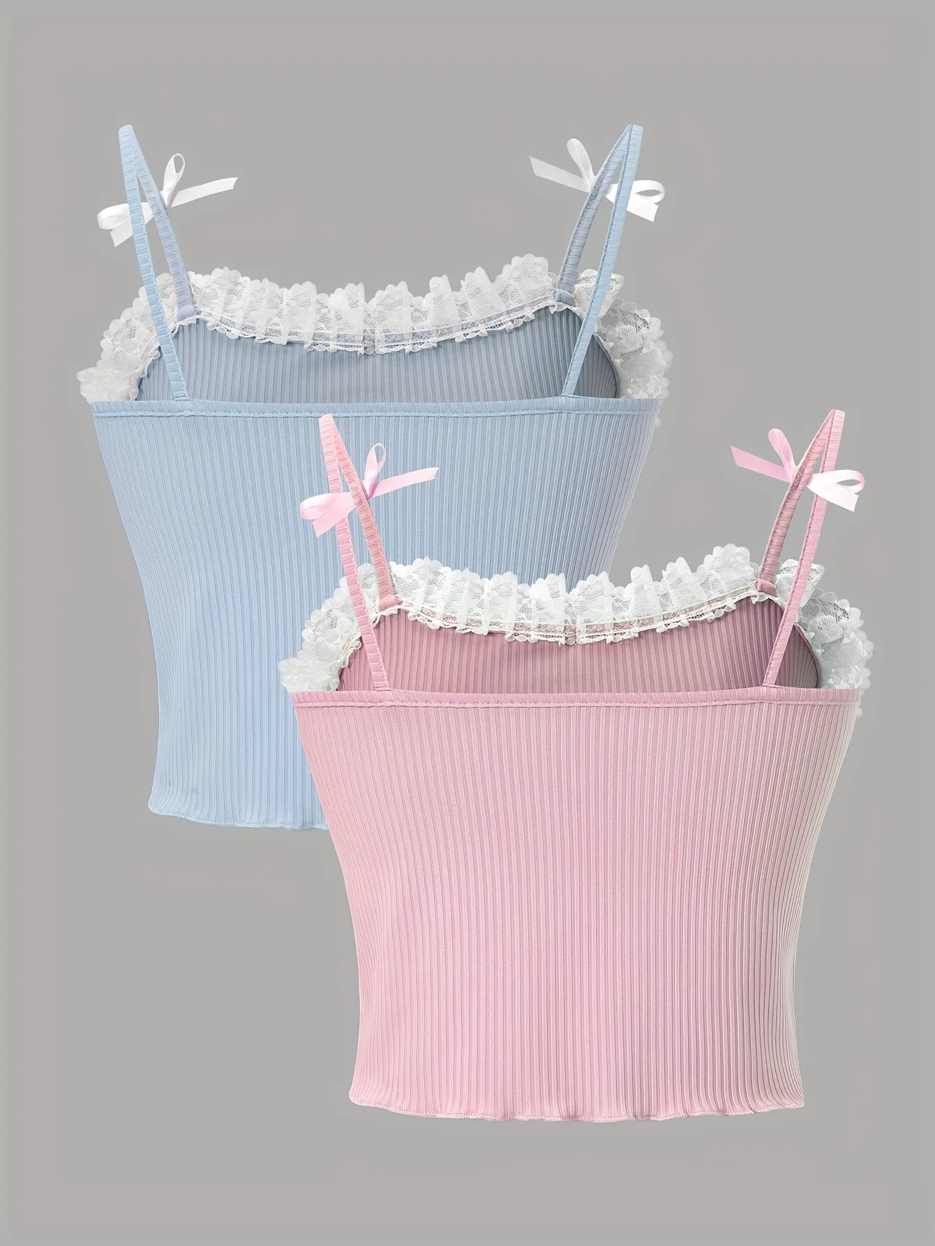 Girls 2-Pack Lace Trim Bow Detail Ribbed Cami Crop Tops Coquette Aesthetic Summer Tank Tops