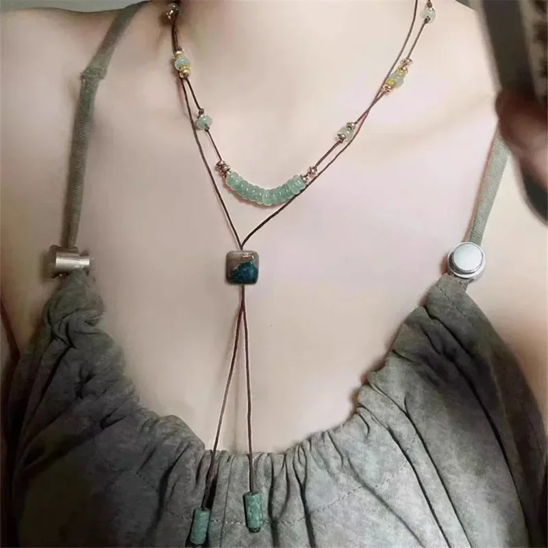 Original Handmade Vintage Natural Stone Green Aventurine Beads Women Stacking Neclace Woven Rope Ethnic Style Luxury Jewelry