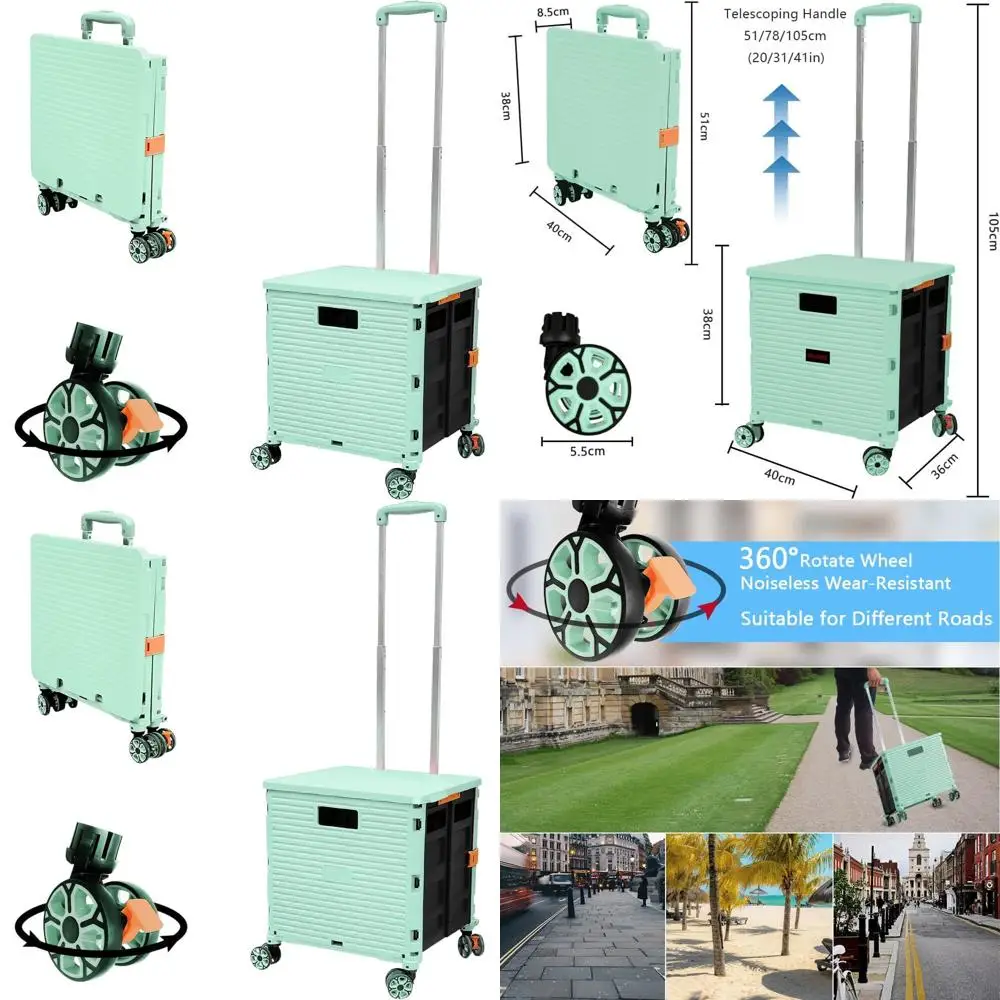 

Collapsible Portable Rolling Crate with Telescoping Handle and 4 Swivel Wheels for Travel, Shopping, and Office Use (Green)