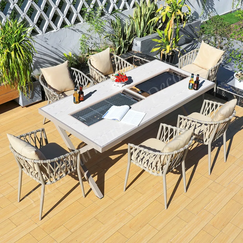 Outdoor Restaurant Garden Furniture Set Aluminum Rectangular Korean Bbq Grill Table and 8 Chair for Yard