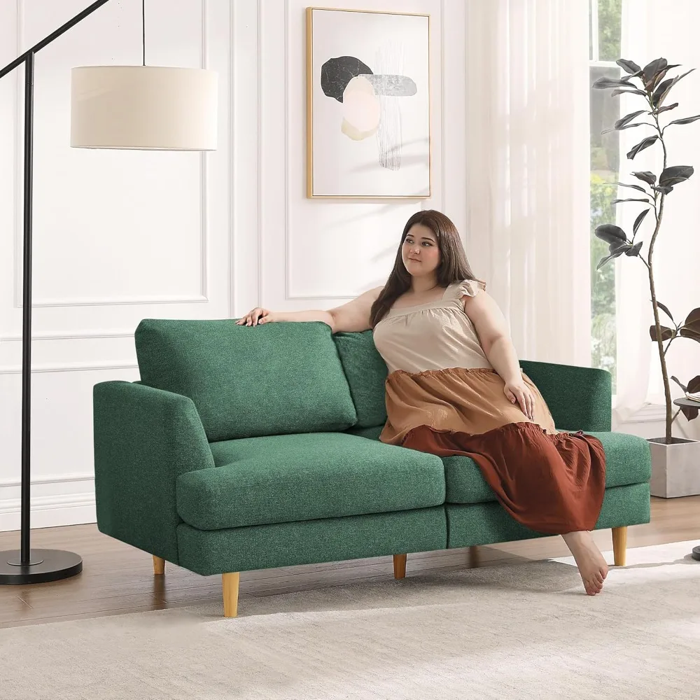 Sofá compacto verde de 2 plazas para espacios pequeños, sofá tapizado de estilo moderno de mediados de siglo