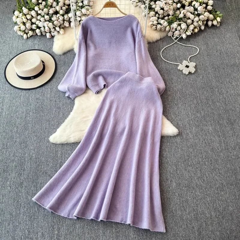 

Casual Loose Long Sleeves Knitted Sweater Set Women's Versatile High Waist Draped Skirt Two Piece Set 2025 Autumn Winter