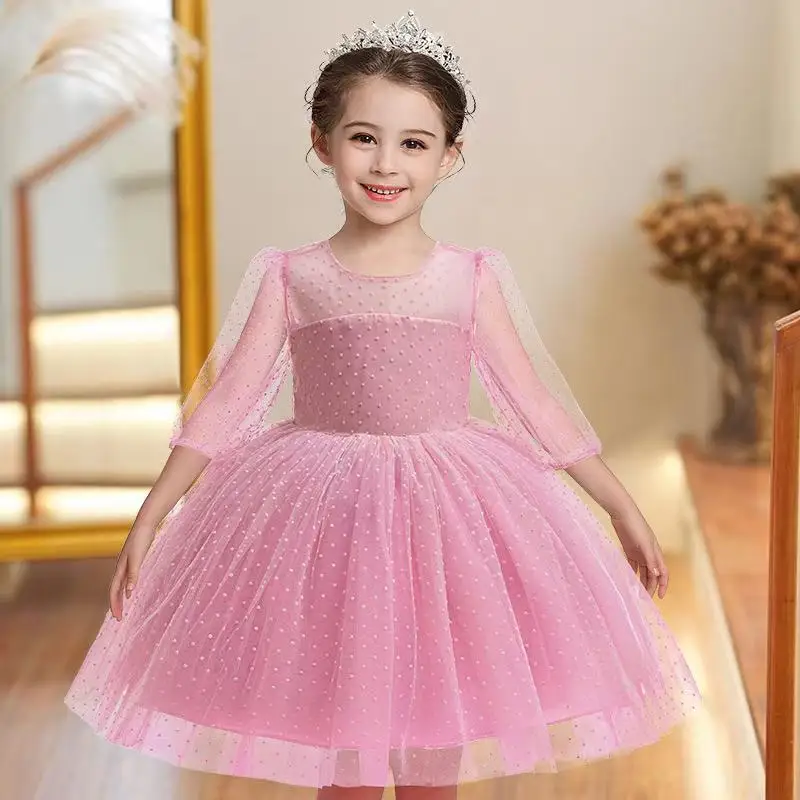 

1-6Y Children's Party Elegant Evening Dress Birthday Party Gauze Baby Dress Polka Dot Bubble Sleeves Cute Girl Princess Dress