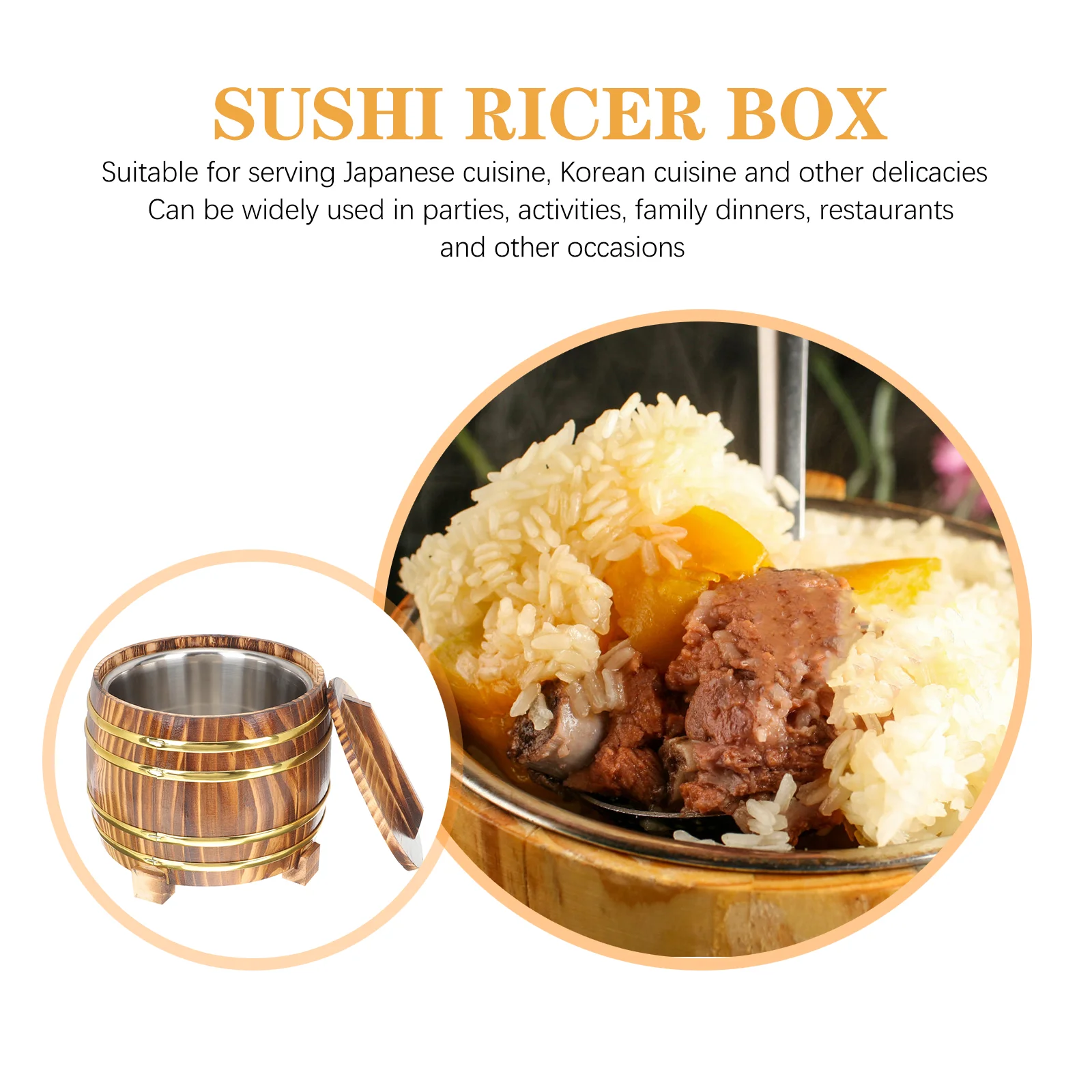 Japanese Sushi Bucket Steamed Rice Steamer Container Wooden Storage Containers Household Round with Lid Khaki Stainless Steel