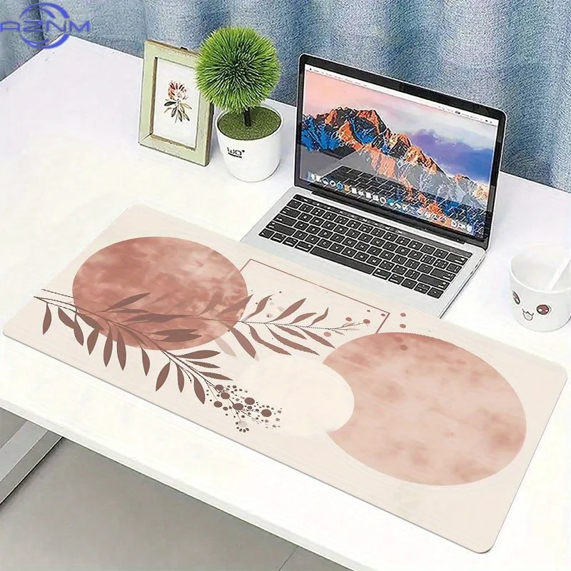 1pc Stylish Pink Circular & Leaves Mouse Pad  cm - Non-Slip Rubber Base, Stitched Edges, Extended Gaming & Office Mat for Women