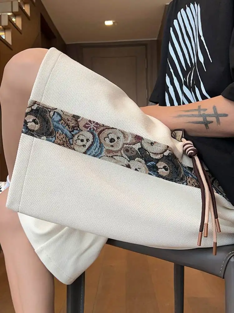 

Bear Embroidery Patchwork Baskeall orts Men's Oversize Summer American Sle Four Points Five-Quarter Length Straight Leg