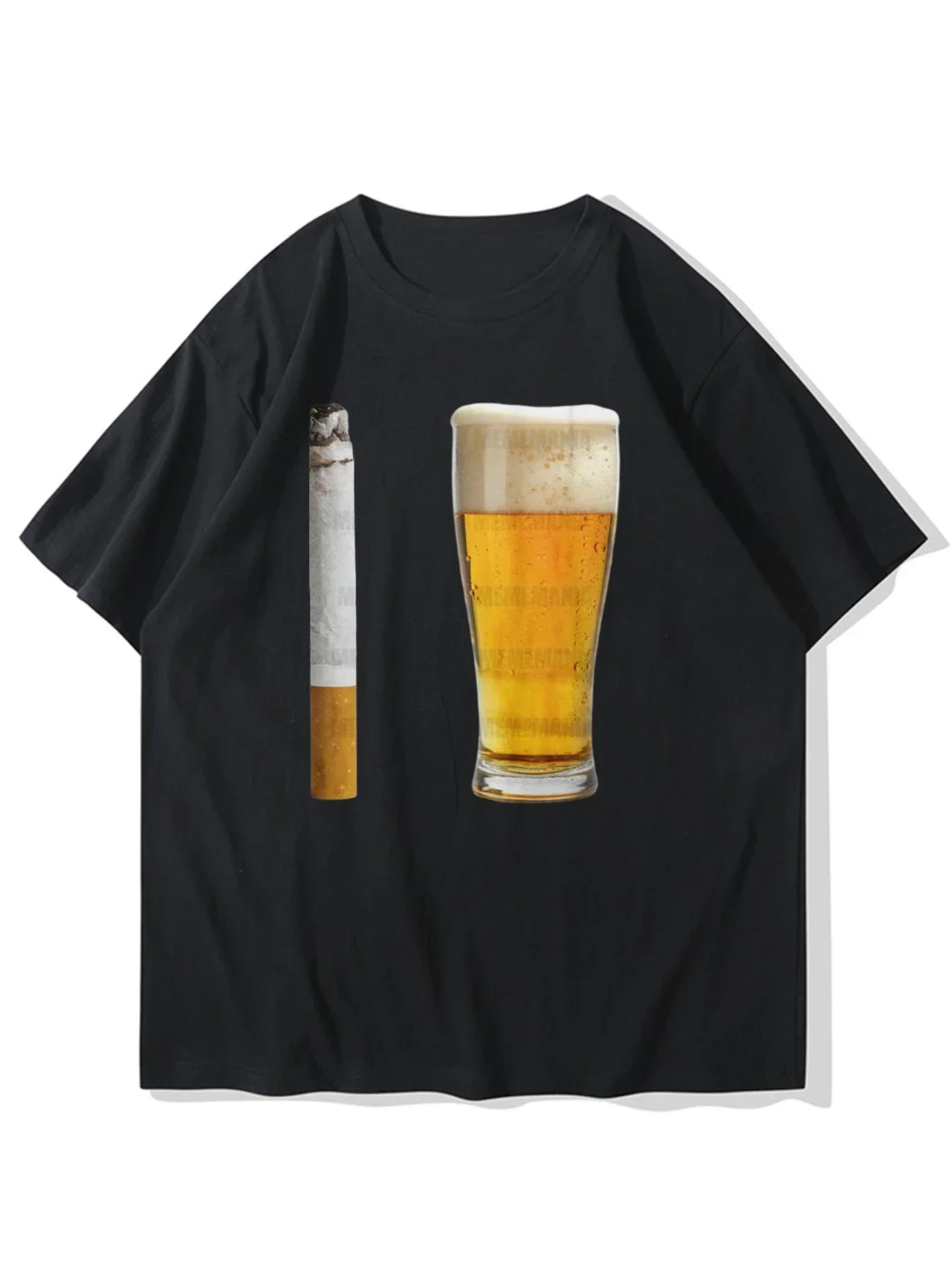 Men Black Crew Neck Tee Realistic Beer Cup Cigarette Graphic Soft Cotton Short Sleeve Summer Loose Daily Street Casual T Shirt
