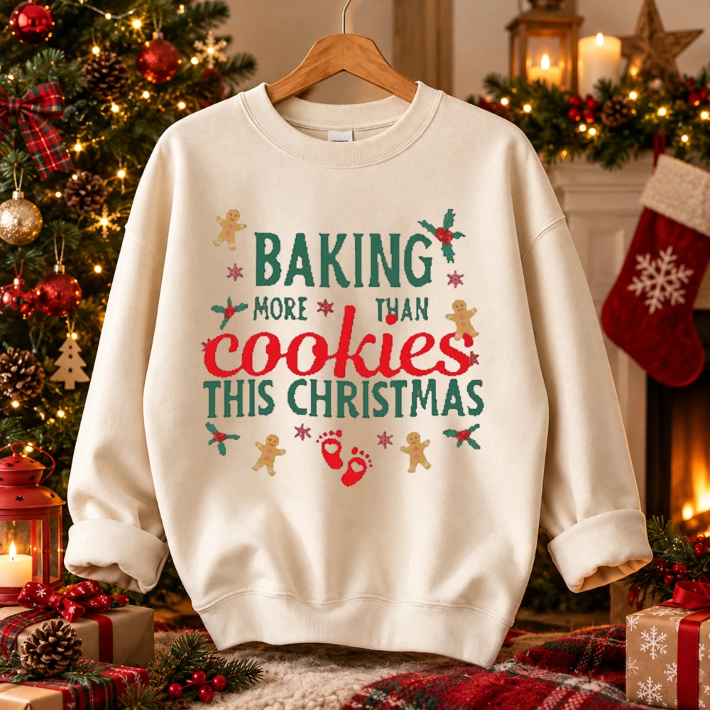 Knit Baking Cookies Womens Sweatshirt Green Red Letter Cookie Footprint Winter Xmas Pullover Knit Pregnancy Top