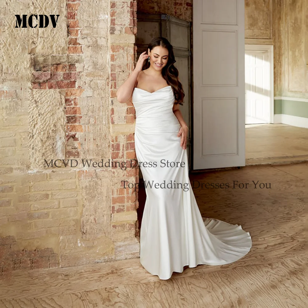 

Plus Size Satin Weddings Dresses Bridal Backless Mermaid Ivory Bride Gowns Strapless vestido de novia boda civil Customized