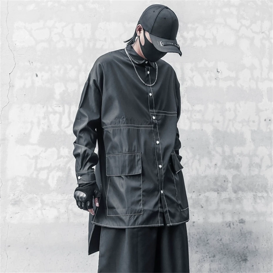 Men Casual Mid Length Shirts Techwear Long Sleeve Shirt for Men Streetwear Hip Hop Harajuku Oversized Fashion Tops Mens Clothing