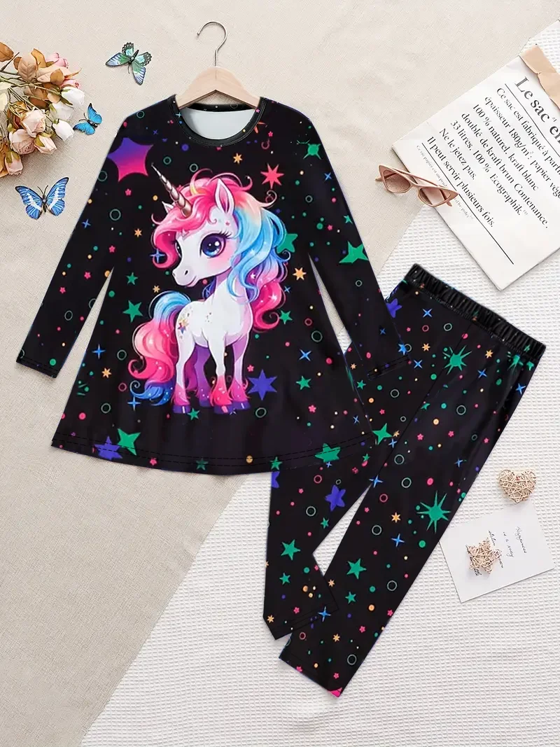 

A Two-Piece Set Of Autumn Girls' Casual And Fashionable Black Unicorn Long-Sleeved Tight Pants, Suitable For Children's Outdoor