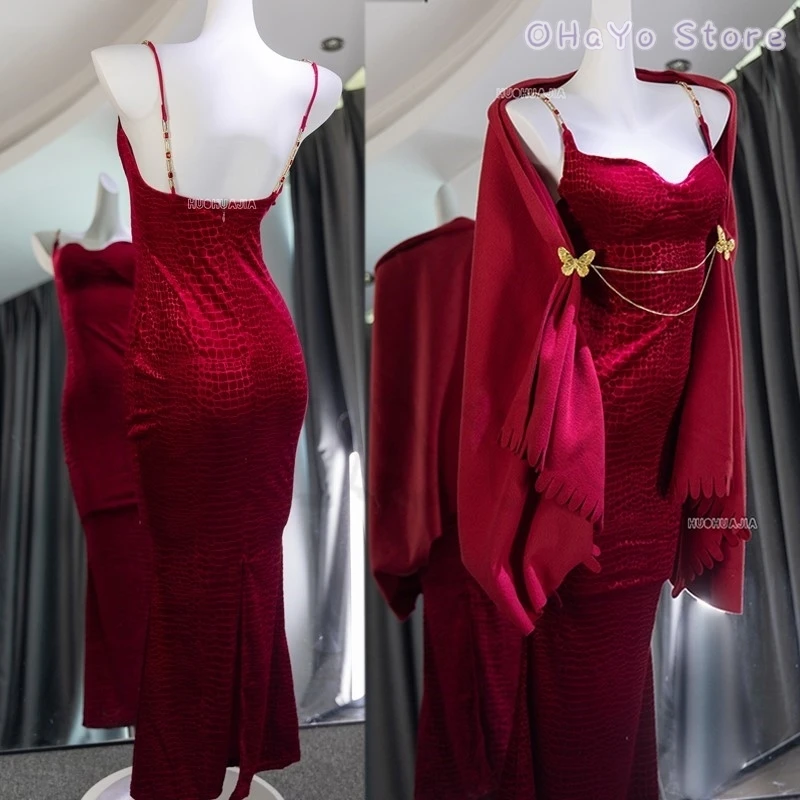 Christmas Dating Outfits Sexy Red Velvet Strap Dress 2025 New Year Fancy Evening Dress Shawl French Vintage Mermaid Dress Women