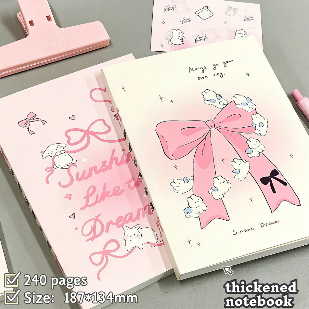 Caderno A5 Kawaii com Laço de Fita e Coelhinho, 120 Folhas, Páginas Internas Grossas em Branco, Diário, Planner, Caderno de Anotações, Material Escolar Fofo