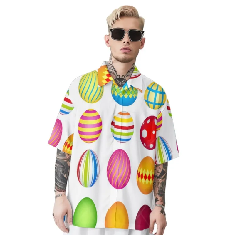 

Easter Eggs Print Shirt Men's Hawaiian Chest Pocket Shirt Casual Short Sleeve Daily Smart Business Shirt For Men