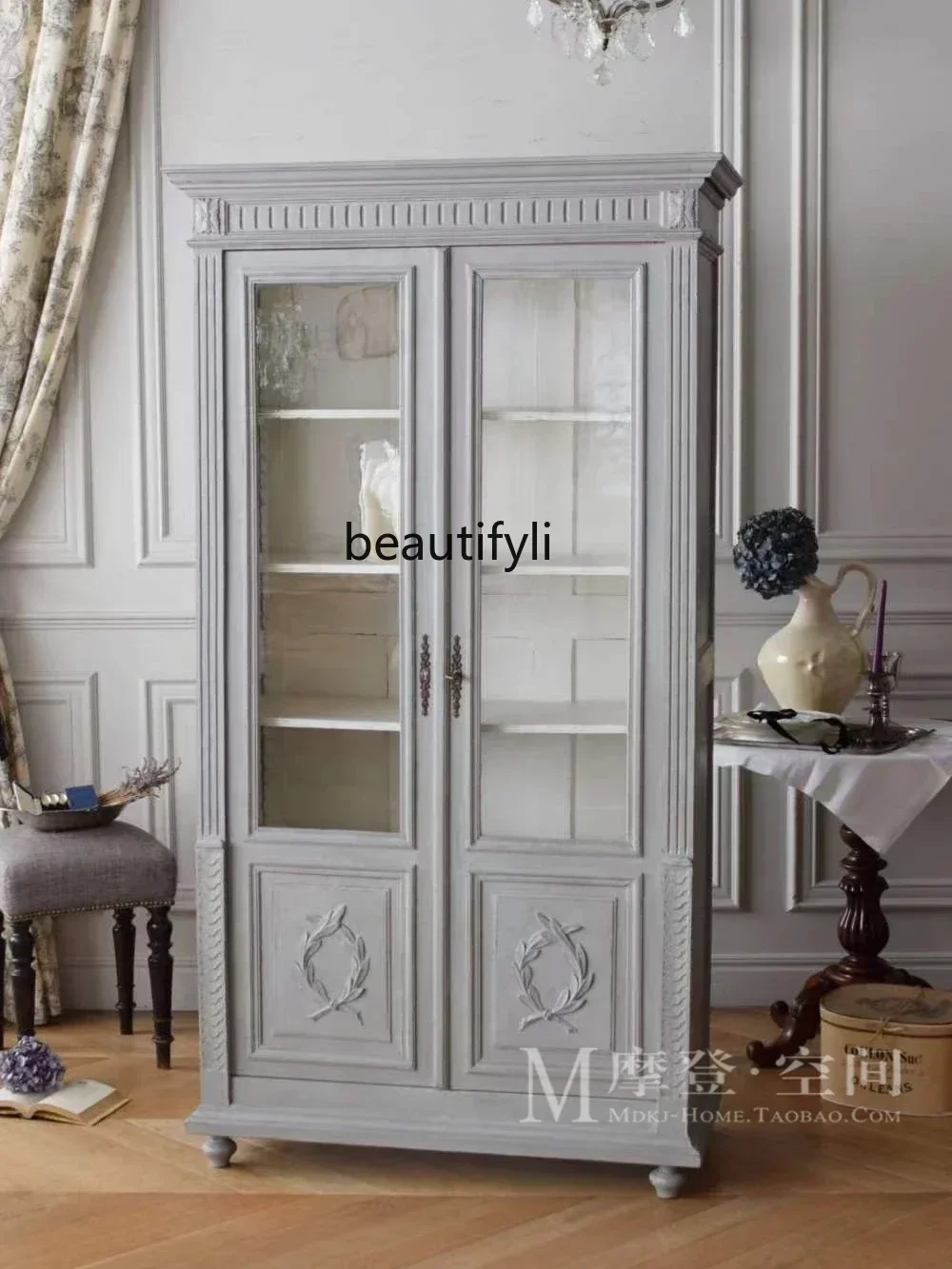 D178 Y American solid wood wine cabinet French bookcase for old dining edge oak storage decoration display cabinet