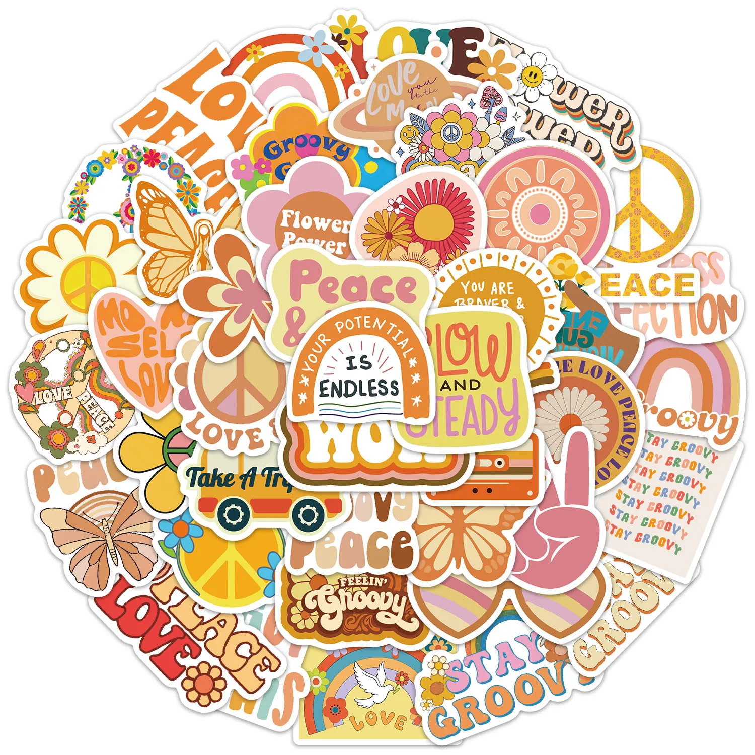 50PCS Groovy Boho Hippie Stickers DIY Phone Case Laptop Water Cup Computer Toy Stickers