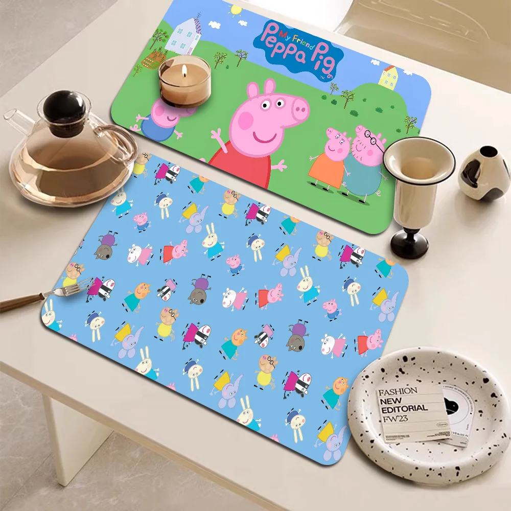 Cartoon P-Peppa-cute Pig Quick Drying Dish Mat Printed Kitchen Non-slip Coffee Cup Pad Drain Mats Dinnerware Cup Bottle Placemat