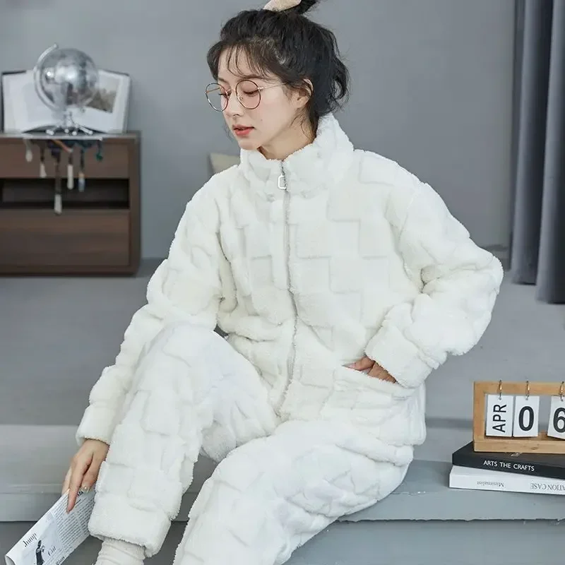 Women Autumn Winter Sleepwear Thick Fleece Coral Velvet Pajamas Female Student Dormitory Zipper Flannel Loungewear Set Pijama