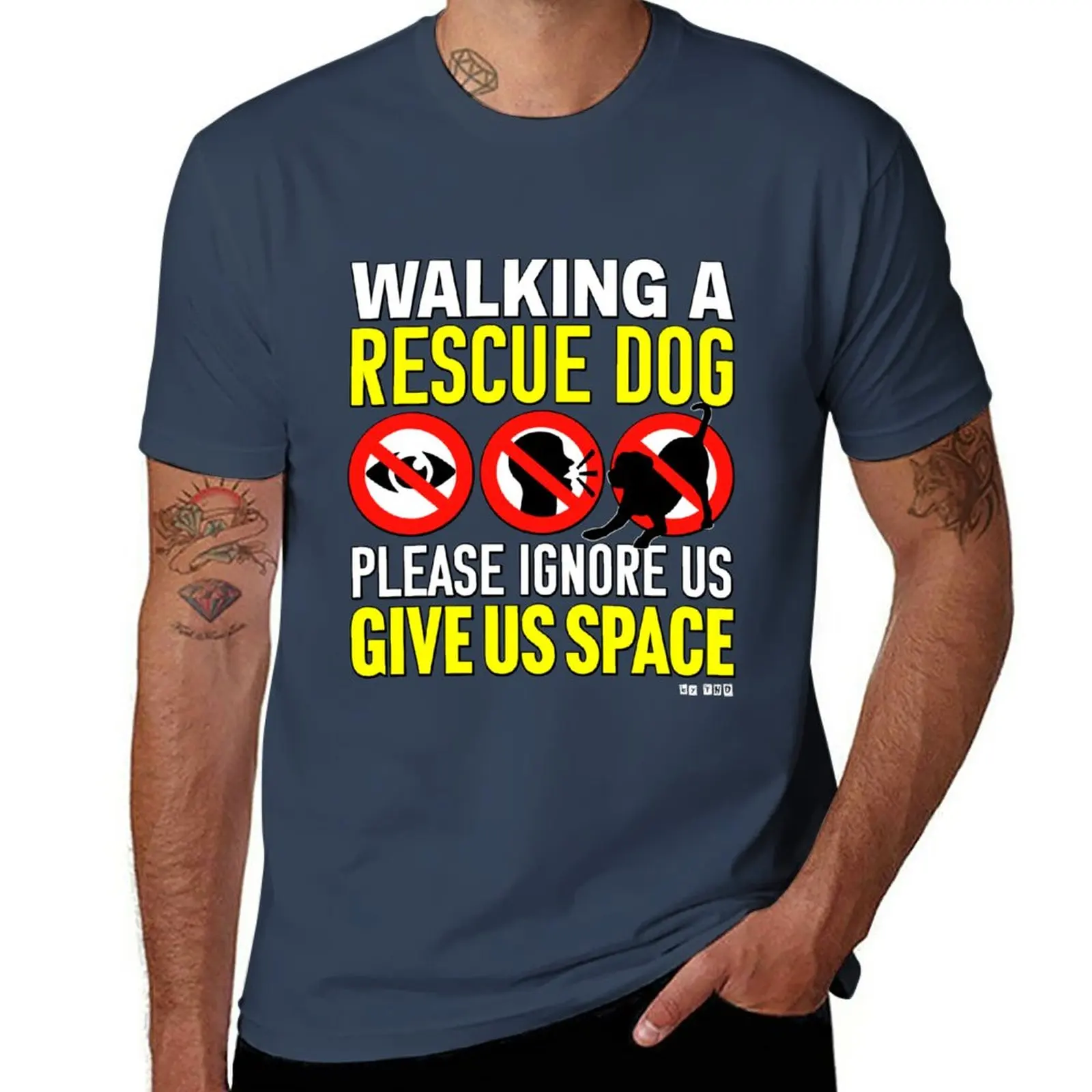 

New Walking a RESCUE Dog, please ignore us, give space. T-Shirt custom t shirts quick-drying t-shirt mens t shirts pack