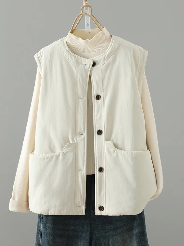 Duży Rozmiar Cienka Bawełniana Ciepła Lniana Okrągła Kamizelka Damska Zimowa Odzież Wierzchnia Warstwowa Kamizelka z Poduszkami na Ramiona Kurtka Bez Rękawów