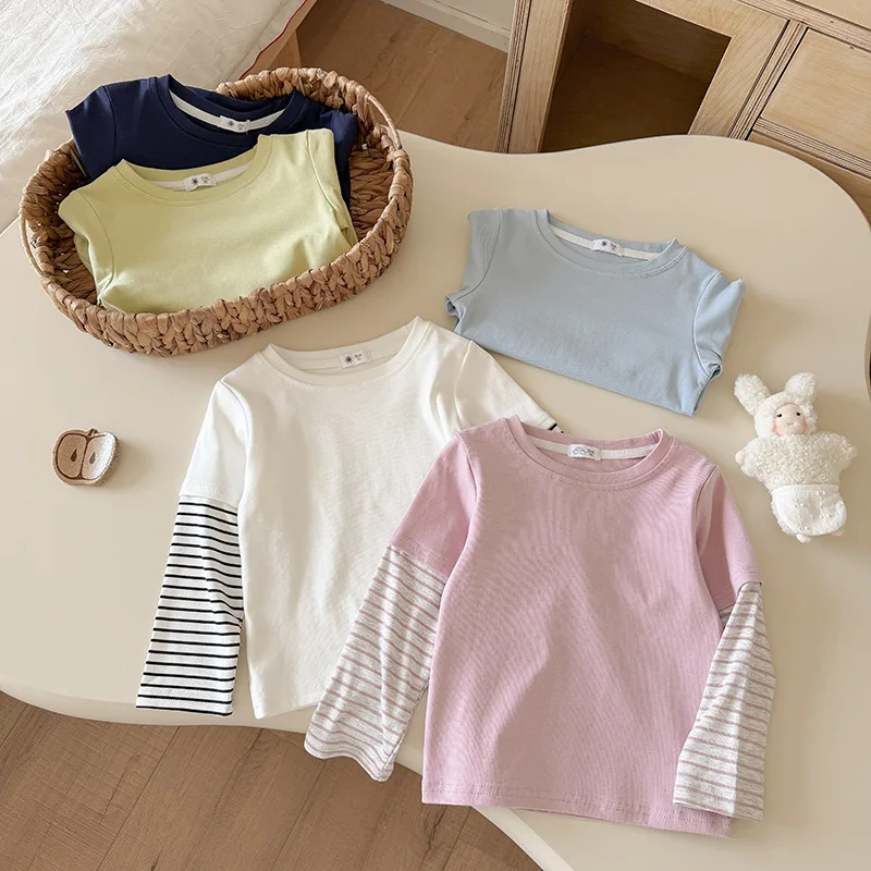 2-10T Baby Boys Girls Striped T Shirt Splice Long Sleeve  Soft Cotton O Neck Toddler Casual Basic Tshirt Pullover Tops