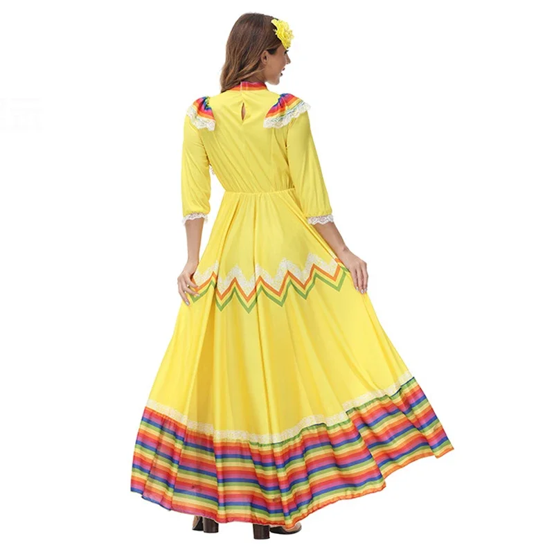 Vestido folclórico mexicano para mulheres, estilo nacional, robe, fantasia de bailarina, povo tradicional mexicano, longo, boêmia