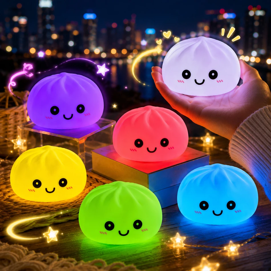 2027 New Glowing Dumpling Night Lights Cute Baozi Lamp  Mood Light Soft Squeeze Toy Relaxing Fidget Toy Birthday Gift