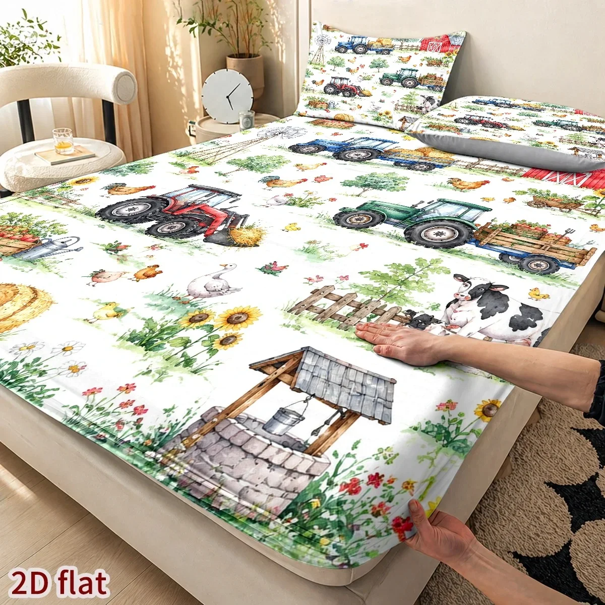 Childlike Pastoral Tractor and Chick Bedding Set Thanksgiving Harvest Festival Mattress Protector Breathable Polyester Material (Includes 1 Fitted Sheet + 2 Pillowcases) Mattress Protector Fitted Elastic Style Protective Cover Mattress Protector, Fitted Bedding Set Christmas Themed Bedding Baby Bedding Suitable for Nursery Room